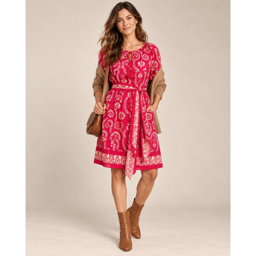 NEW! Nordstrom XS Batik Block Print 100% Cotton Dress Tie Waist Boho Hot Pink - Picture 7 of 11